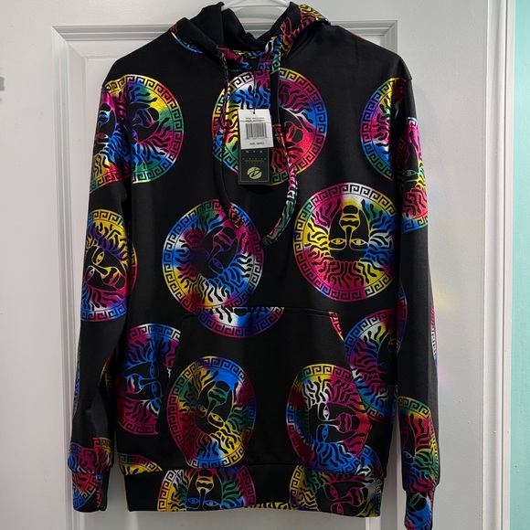Monogram Mens Shiny Multicolor Black Hoodie with front pocket NWT - Picture 7 of 7